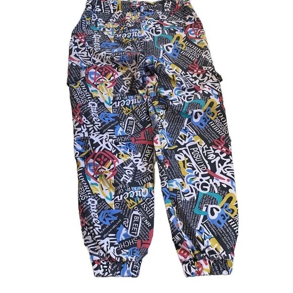 VIP GUC Cargo Jogger Pants Novelty Multicolor All-Over Graffiti Y2K Urban Hip-Ho - Picture 2 of 6